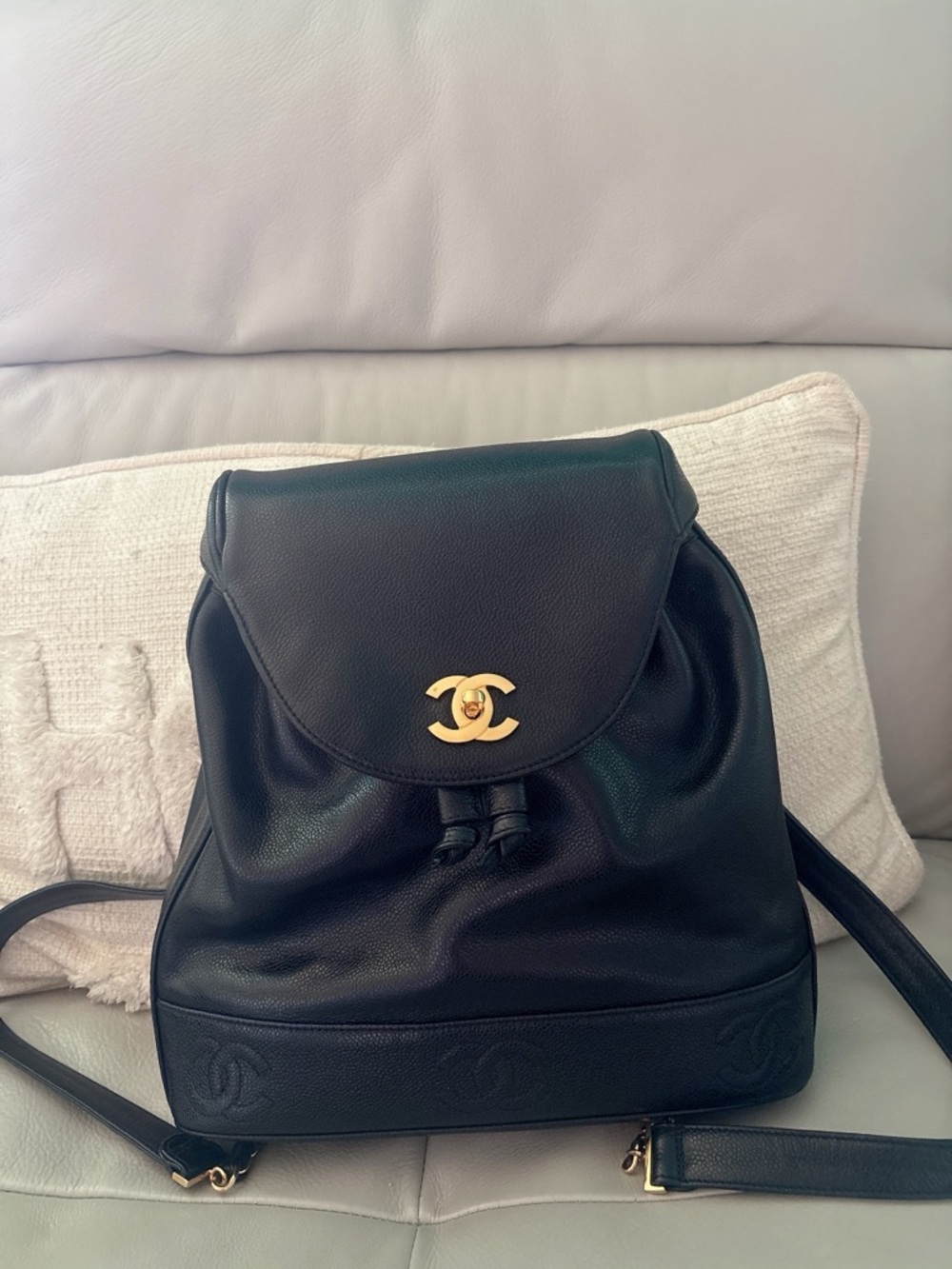 CHANEL Black Pebbled Leather Backpack with Gold CC Turnlock